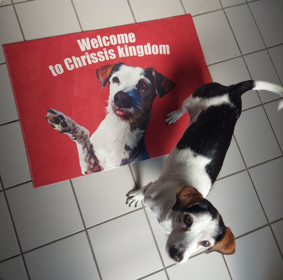 Fußmatte bedruckt mit Wunschtext und Haustierzeichnung